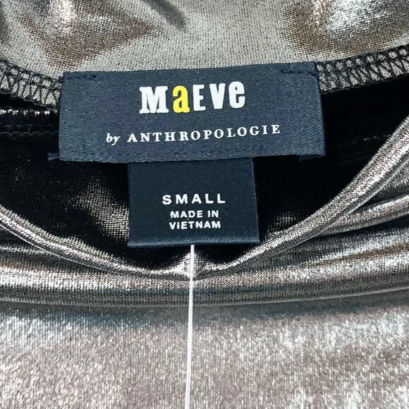 Anthropologie Maeve Mock Neck Ruched Shine Sleeveless Tank Stretch Silver Small - Picture 4 of 9